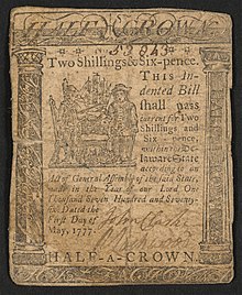 A two-shilling, six-pence banknote issued by Delaware in 1777 with the inscription: "Two Shillings & Six-pence. This Indented Bill shall pass current for Two Shillings and Six-pence, within the Delaware State according to an Act of Genera Assembly of the said State, made in the Year of our Lord One Thousand Seven Hundred and Seventy-six. Dated the First Day of May, 1777."; Within border cuts: "Half a Crown"