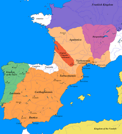 Cương vực lớn nhất của vương quốc, khoảng năm 500 (lãnh thổ màu cam, phần cam nhạt là lãnh thổ bị mất sau Trận Vouillé).