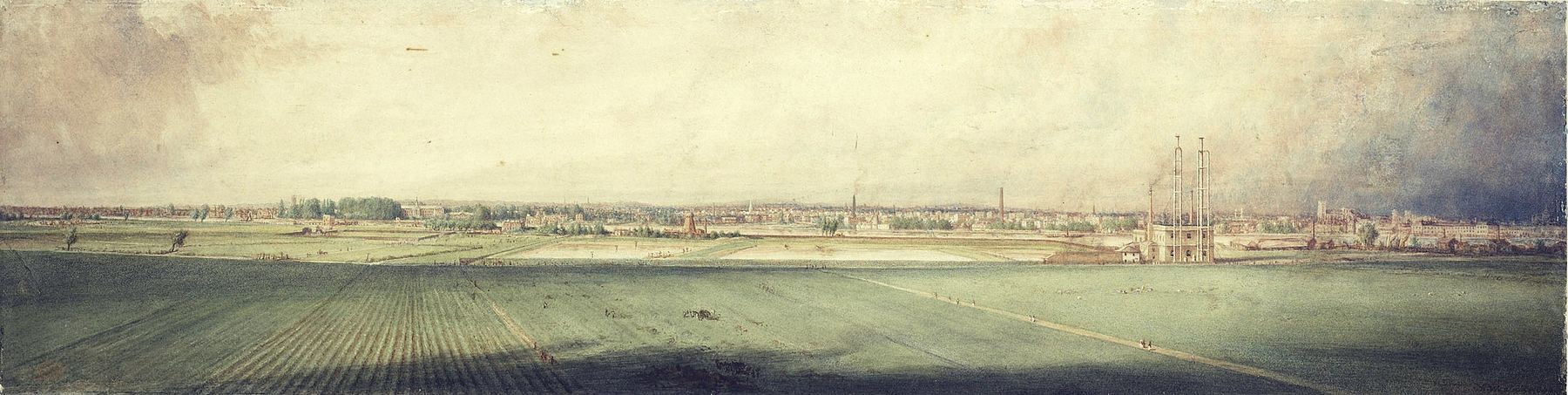 Watercolour painting of a view of Battersea Fields and Chelsea from Battersea New Town in 1848