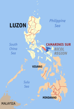 Map of the Philippines showing the location of Camarines Sur with Nueva Camarines highlighted in blue.