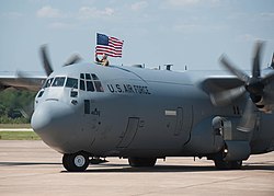 A C-130J Super Hercules taxis onto the flight line at Little Rock AFB after returning from supporting operations in Southwest Asia in September 2015.