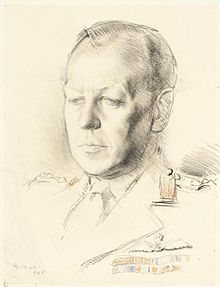 Pencil portrait of a balding middle-aged man in military uniform, with two rows of medal ribbons.