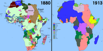 two maps of Africa, one in 1880 and one in 1913, showing how the country was divvied up by the colonial powers of that period