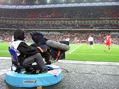 Camera operator working on an outside broadcast of a football match at Wembley Stadium