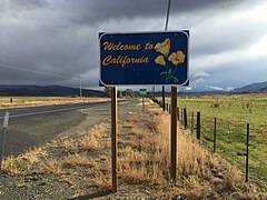 2015-10-28 15 43 42 "Welcome to California" sign at the end of southbound Nevada State Route 88 and the beginning of westbound California State Route 88, crossing from Douglas County, Nevada to Alpine County, California.jpg