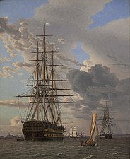 The Russian ship of the line 'Assow' and a Frigate at Anchor in the Roads of Elsinore, Christoffer Wilhelm Eckersberg, 1828