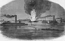 Black and white engraving of exploding ship in center, with ships at the left and right