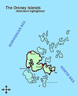 Map of Orkney Islands, mainland highlighted