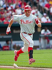 Jim Thome wearing the Phillies' grey road uniform.