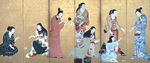 Seven women and a girl dressed in kimonos. Two women are playing cards, one is cleaning her teeth while holding a mirror, another is holding a twig, one is writing. Two women are engaged with the girl.