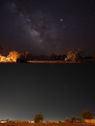 A comparison of the view of the night sky from a small rural town (top) and a metropolitan area (bottom). Light pollution dramatically reduces the visibility of stars.