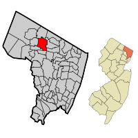 Location of Saddle River in Bergen County highlighted in red (left). Inset map: Location of Bergen County in New Jersey highlighted in orange (right).