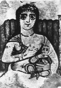 Egyptian fresco from the fourth century AD showing Isis Lactans holding Harpocrates