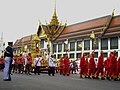 The officers on the Minor Chariot wear the Nobleman's Gown and the Lomphok. The Chariot is carrying The Most Reverend Somdet Phra Wannarat (Chun Phrommakhutto), the Abbot of Wat Bowonniwet Vihara, on 15 November 2008.