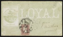 Faded envelope with "LOYAL" in large print above a Middlesex, Vermont address. To the left of the text, a Green Mountain image with the Vermont motto