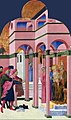 St Francis renounces his father by Sassetta, 1437–44. The father's patte, or possibly cornette, appears to be wound vertically through the bourrelet, which is rather flat. He wears a matching cloak. The companion who restrains him has a chaperon that looks like a turban.