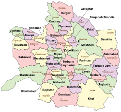 Location of Bakharz County in Razavi Khorasan province (center right, pink)