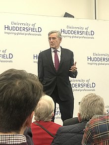 Former Prime Minister Gordon Brown delivers the Harold Wilson memorial lecture at the University of Huddersfield in 2018.