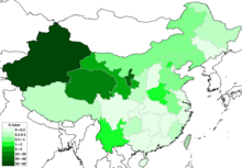Percentage of Muslim population in the provinces of China