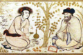 Homens conversando num jardim persa