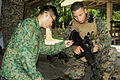 Camouflage comparison between a Singaporean guardsman and a U.S. Marine.