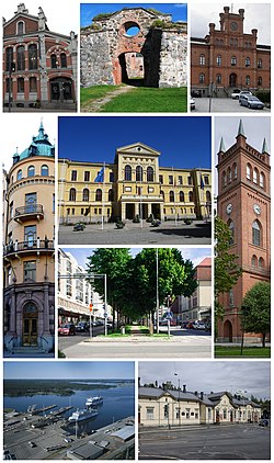 Clockwise from top-left: Vaasa Market Hall, the ruins of Saint Mary Church, the Court of Appeal, the Holy Trinity Church, Vaasa railway station, the Port of Vaasa in Vaskiluoto, and Kurtenia House; and in the middle (from top to bottom) Vaasa City Hall, and the Kauppapuistikko esplanade
