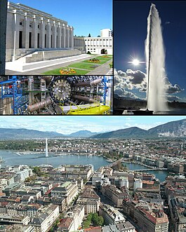 Top left: Palace of Nations, Middle left: CERN Laboratory, Right: Jet d'Eau, Bottom: View over Geneva and the lake.