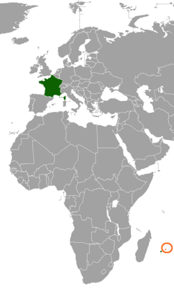 Map indicating locations of France and Mauritius