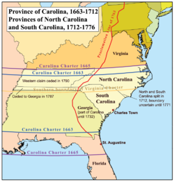 Kuzey Carolina Kolonisi'nin sınırlarını gösteren harita