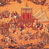 Detail of The Emperor's Approach showing the Wanli Emperor's royal carriage being pulled by elephants and escorted by cavalry (full panoramic painting here)