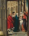 Presentation at the Temple by the Master of the Prado Annunciation, or Hans Memling, 1470s. St Joseph wears a working-mans chaperon in the original style, whilst the relative at right wears a simple evolved one.