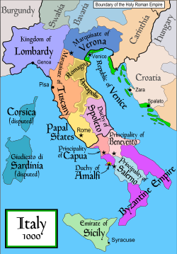 Italy, and the Duchy of Amalfi (a small state in bright yellow), at the close of the tenth century.