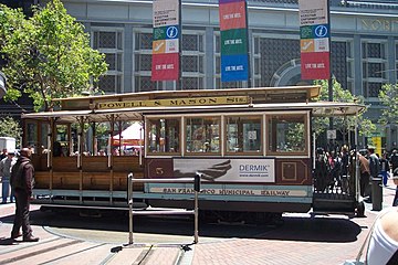 A cable car on the Powell & Market turntable. See a video of a cable car turnaround.