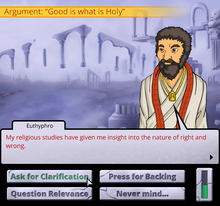 A screenshot from the game Socrates Jones: Pro Philosopher, showing an argument, with a character sprite, a dialogue box, and buttons for selecting what to do displayed.