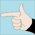 Turn or Terminate the dive. The thumb points upwards to indicate ascent, and the forefinger points towards the exit from a penetration dive. This signal may also mean This is the way out.[1]