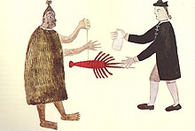 A Māori man and a Naval officer trading, circa 1769