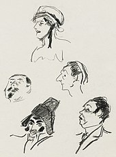 pencil sketches of characters in comic opera, head and shoulders only