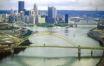 The Allegheny River, left, and Monongahela River join to form the Ohio River at Pittsburgh, Pennsylvania, the largest metropolitan area on the river.