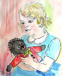 A blond, white girl cuddling a black rag doll.