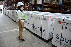 Shipments of the Russian-made Sputnik V COVID-19 vaccine, an adenoviral vector, are lined up in a storage facility in Guatemala, 2021