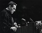 Black-and-white image of Hackerman speaking