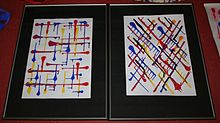 Two paintings (portrait orientation) are side by side with the only marks being thick lines that terminate with a sizeable dot of blue, yellow, or red. The left one has lines vertical/horizontal, and the right one has lines diagonally.