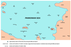 A Pannon-tenger délkeleti része a miocén közepén – tájékoztatásul jelenlegi helységnevekkel