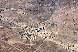 Buitepos border post. Botswana in upper left part, Namibia in lower right part of the picture