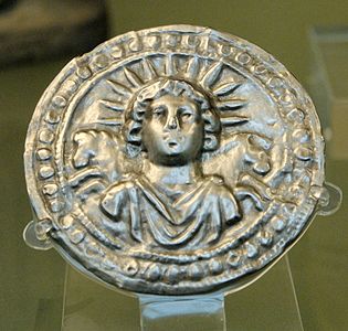 Third-century AD Roman imperial repoussé silver disc found at Pessinus showing Sol Invictus with a parhelion