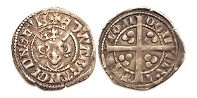 Two sides of a long cross penny coin. The left image shows its obverse, with a portrait of King Edward wearing a coronet. The right image, showing the reverse, depicts a cross.