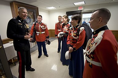 The Commandant of the Marine Corps, Gen. James T. Conway, speaking with members of the Marine Band during a ceremony in celebration of the 232nd Marine Corps birthday held at The Pentagon, 2007