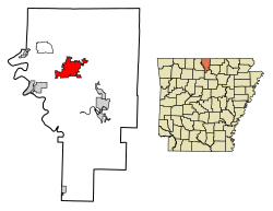 Location of Mountain Home in Baxter County, Arkansas.