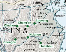 Mapa de ciutats xineses interiors orientals com Luoyang, Chang'an, Qinzhou, Chengdu, Kuizhou, and Tanzhou