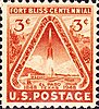 A stamp, printed in red ink, depicting the blast-off of a V-2 type rocket vessel, with titling "Fort Bliss Centennial - El Paso Texas"